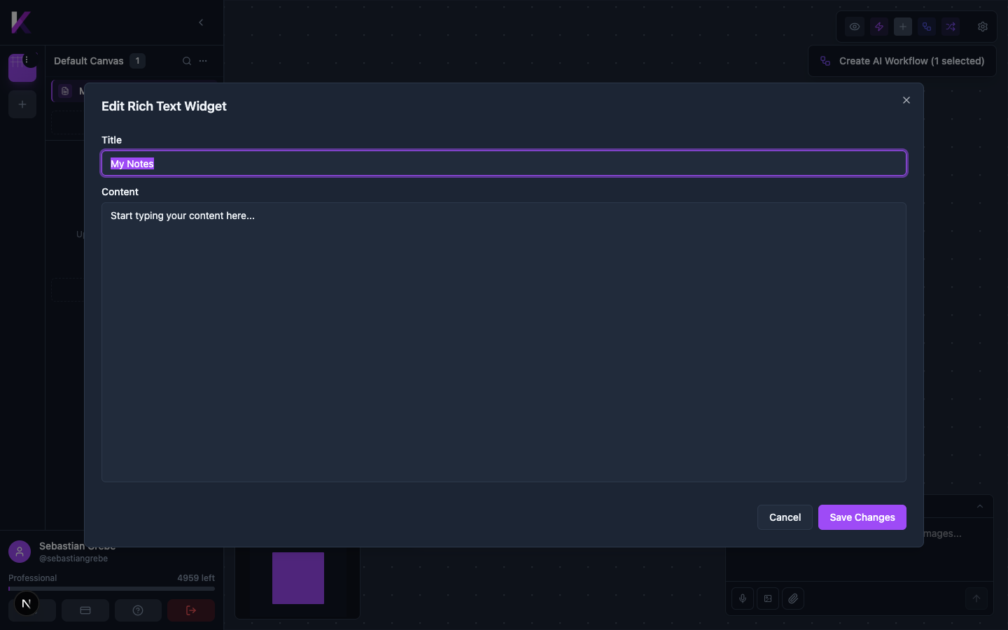Edit Rich Text Widget modal