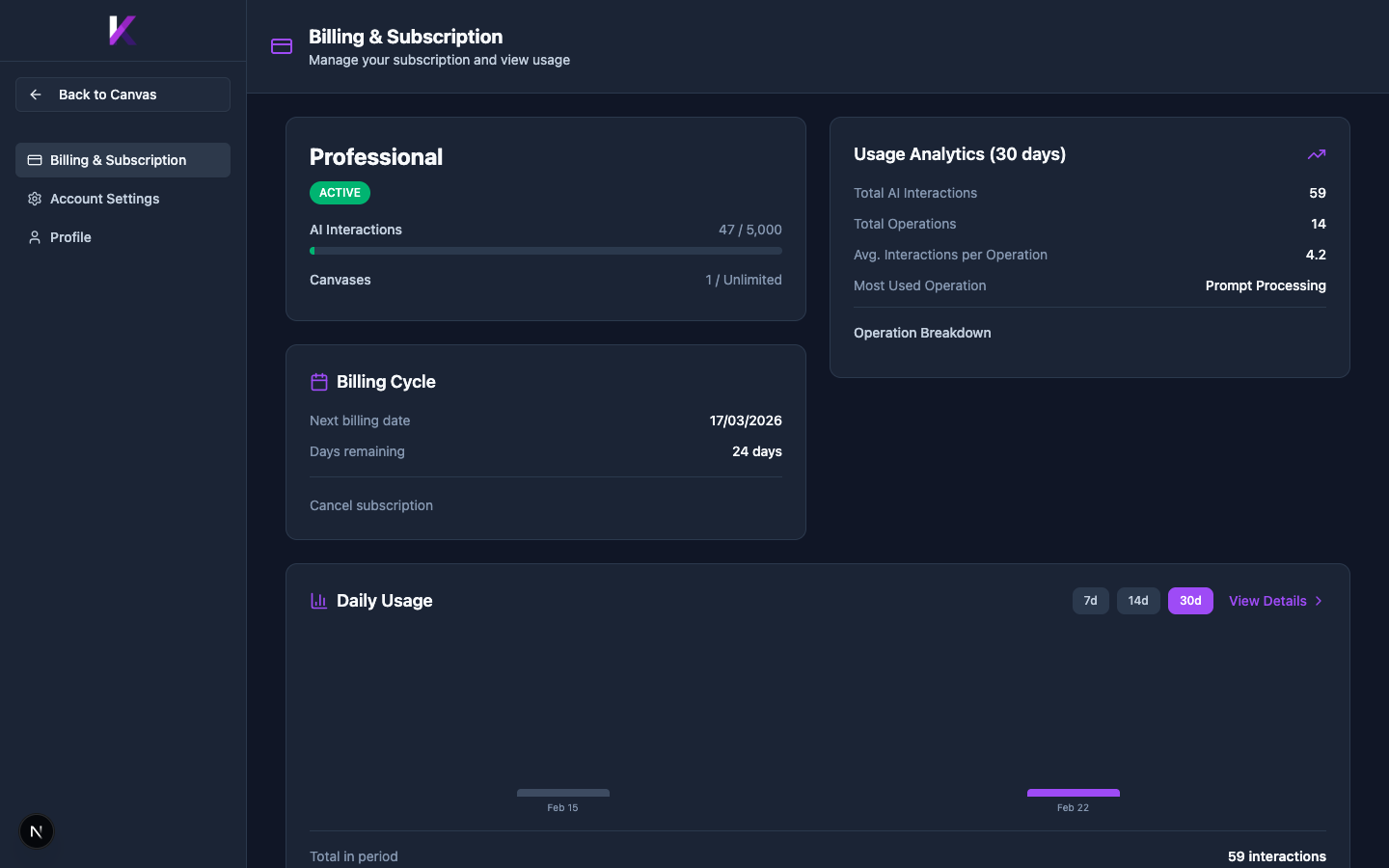 Billing and Subscription page